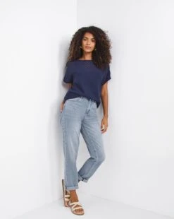 Navy Textured Spot Woven Tee With Cami