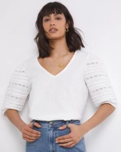 White Broderie Sleeve Detail V-Neck Top 6 White Broderie Sleeve Detail V-Neck Top -JD Williams Shop w01vg730756w
