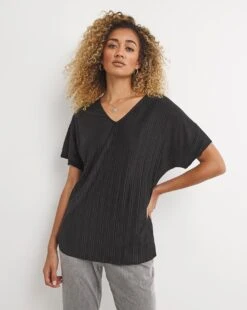 Black Plisse Jersey Top