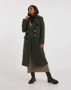 Khaki Wool Blend Military Coat