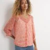 Red Floral Sheer Button Front Tea Blouse