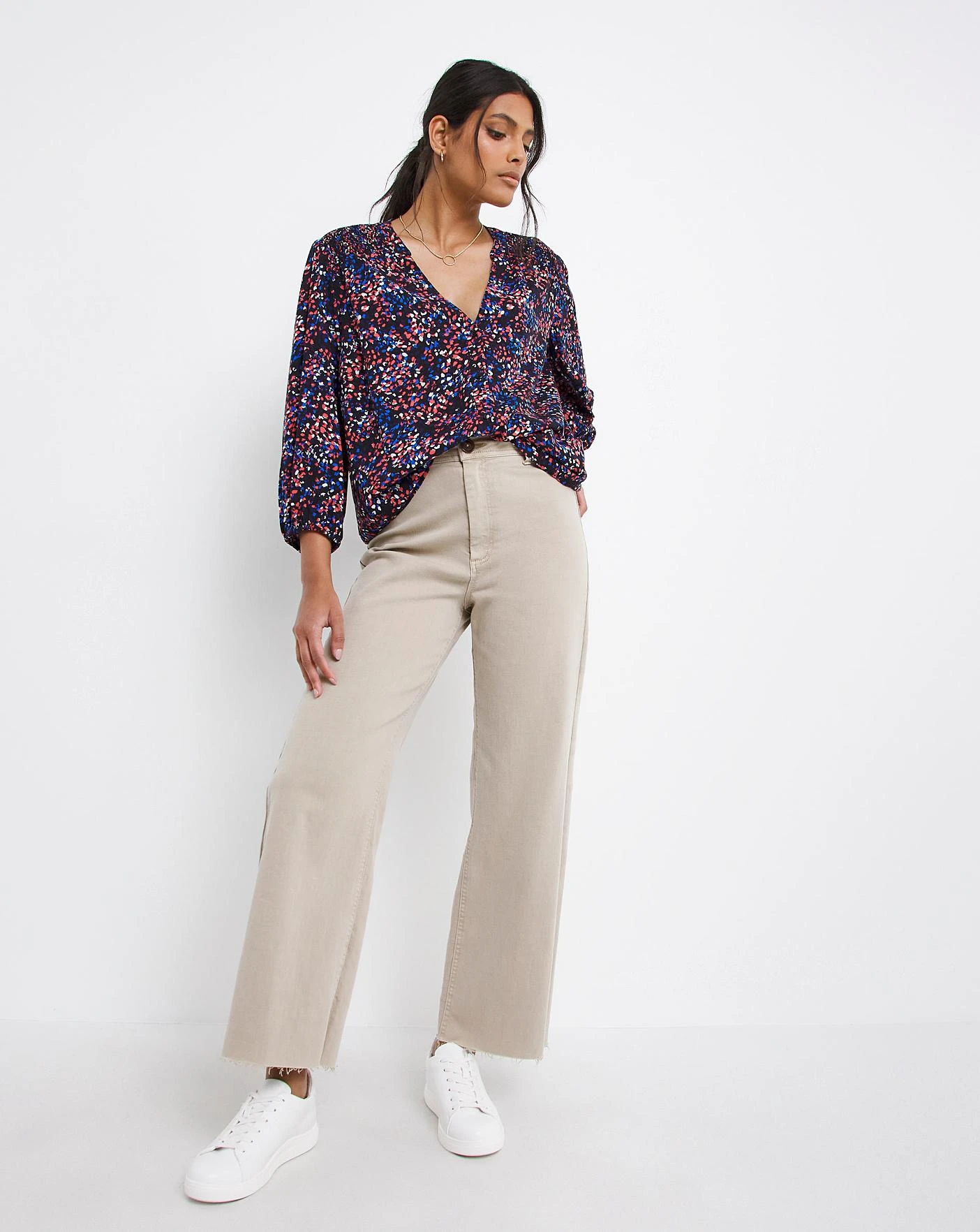 Multi Print Shirred Collarless Blouse 3 Multi Print Shirred Collarless Blouse - Image 3