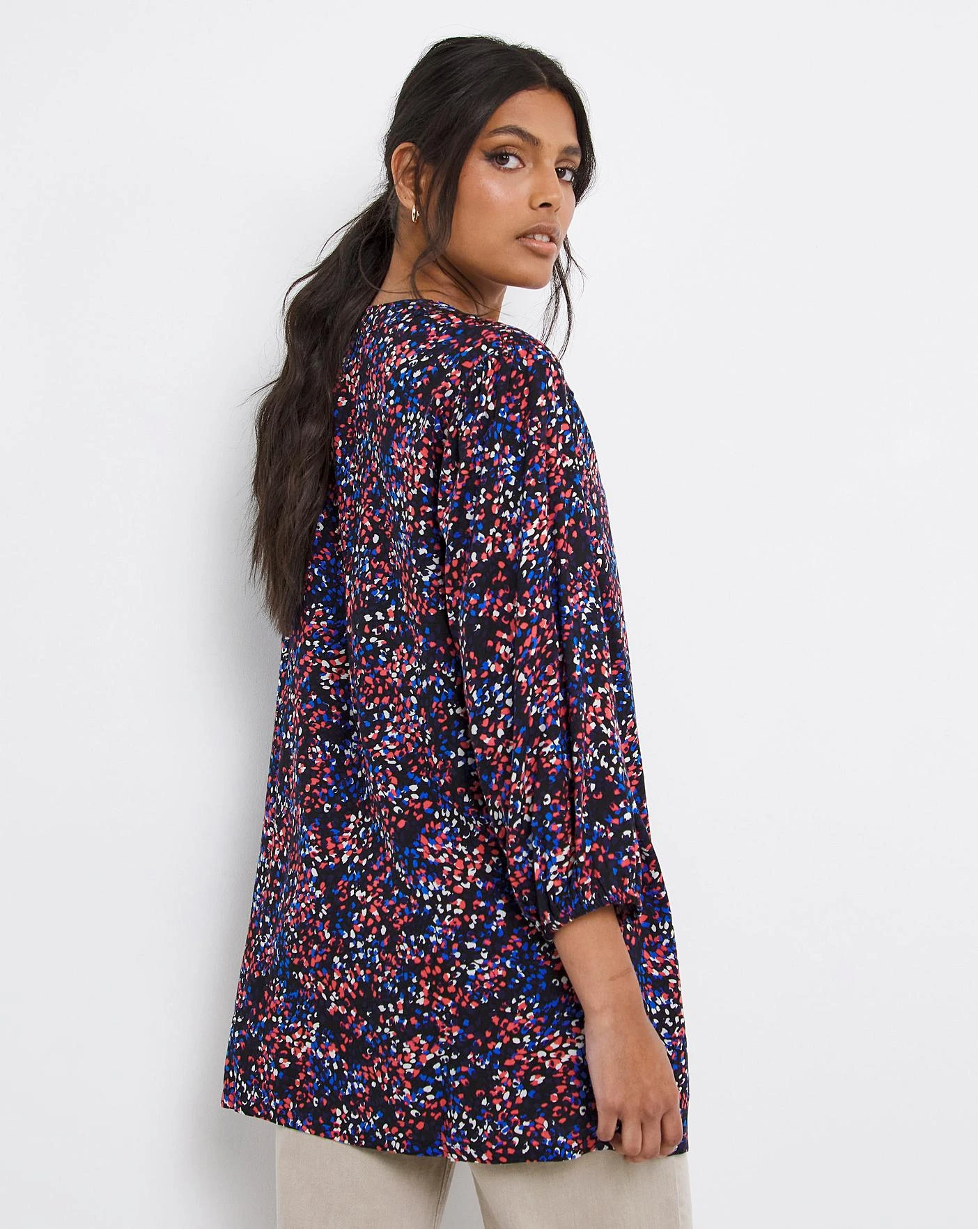 Multi Print Shirred Collarless Blouse 2 Multi Print Shirred Collarless Blouse - Image 2