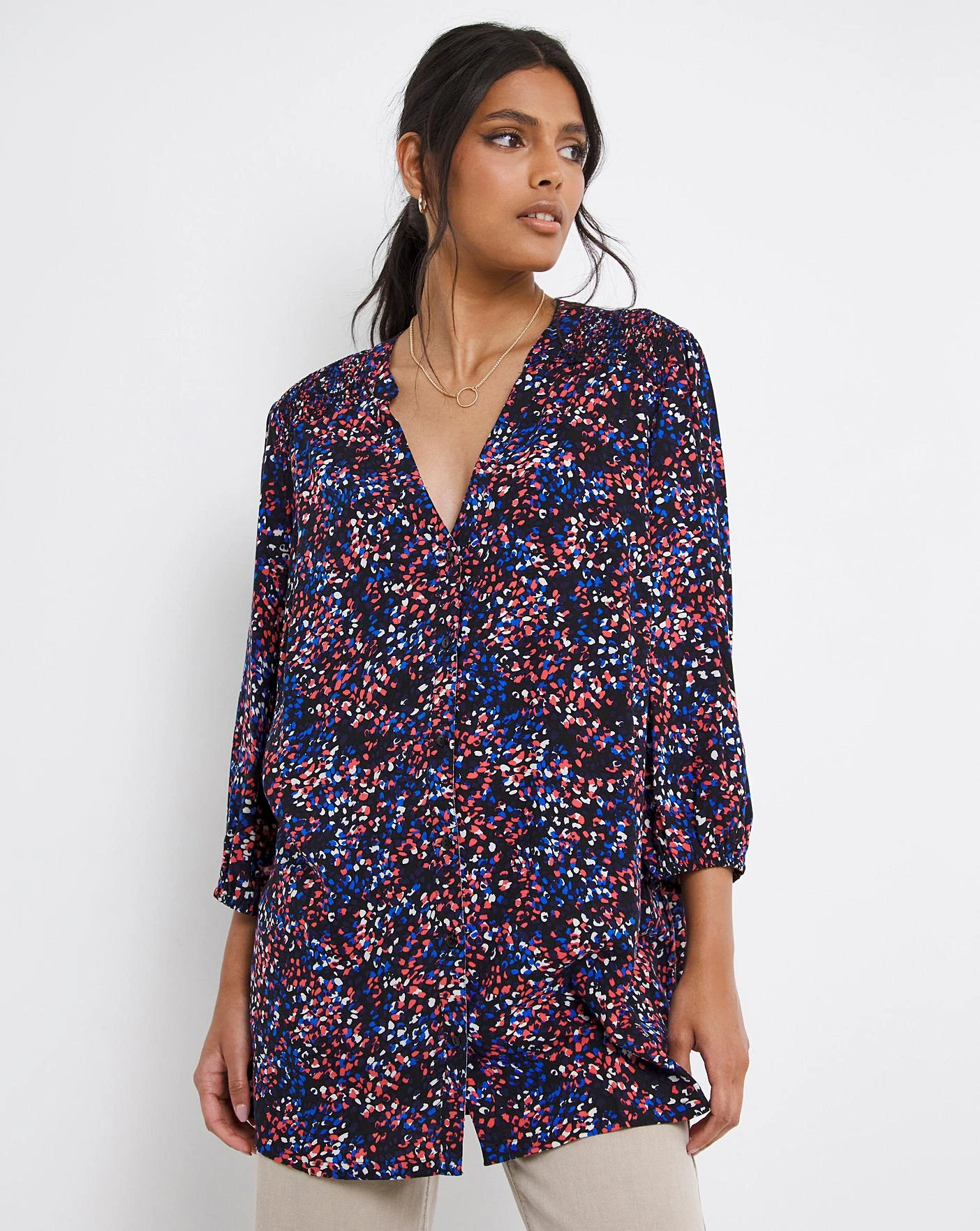 Multi Print Shirred Collarless Blouse 4 Multi Print Shirred Collarless Blouse - Image 4