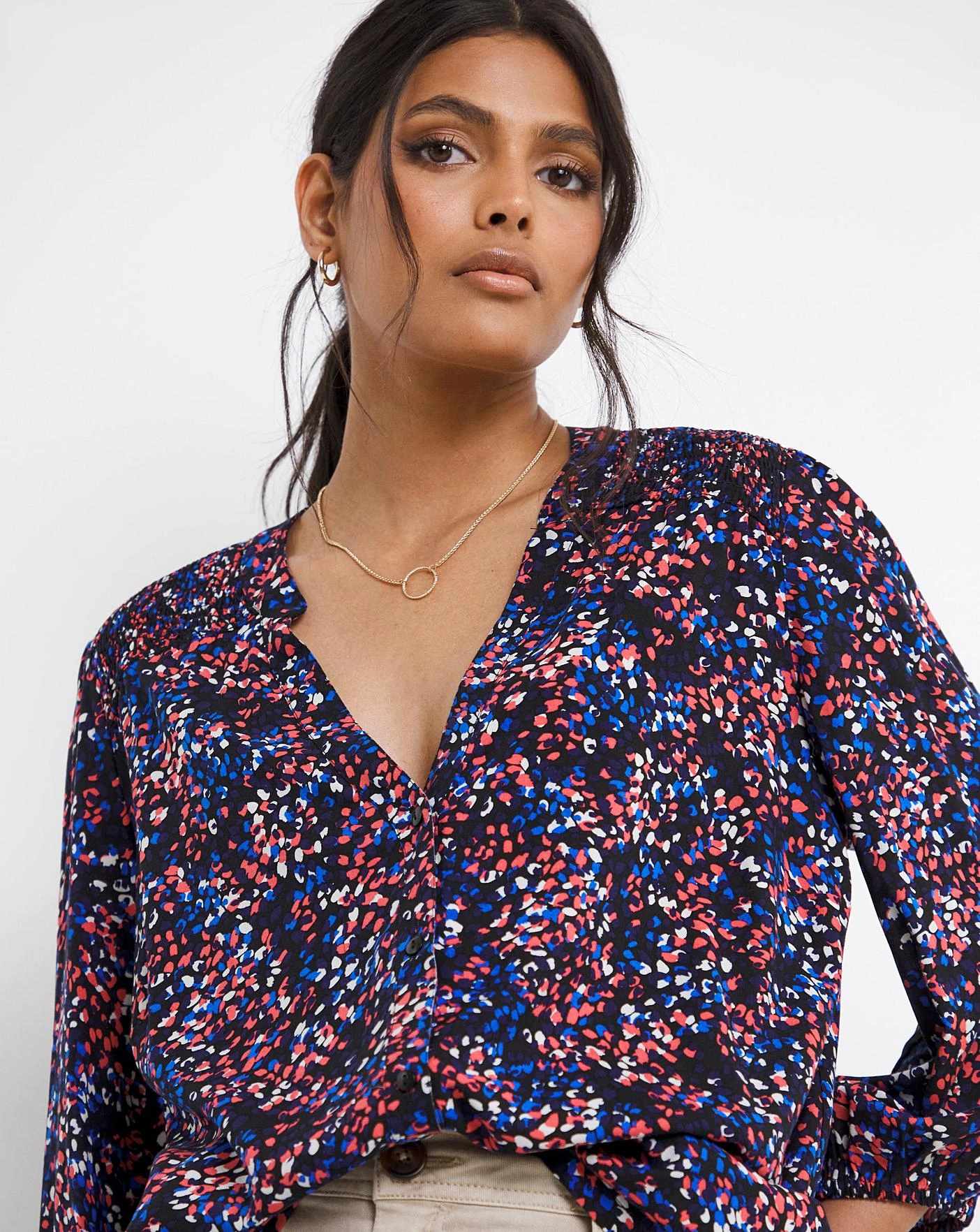 Multi Print Shirred Collarless Blouse 1 Multi Print Shirred Collarless Blouse