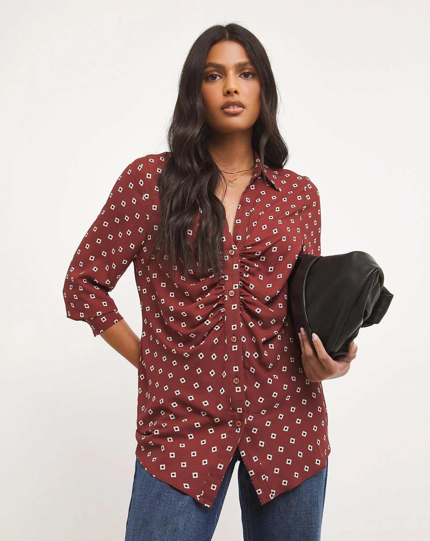 Geo Print Ruched Placket Shirt 1 Geo Print Ruched Placket Shirt