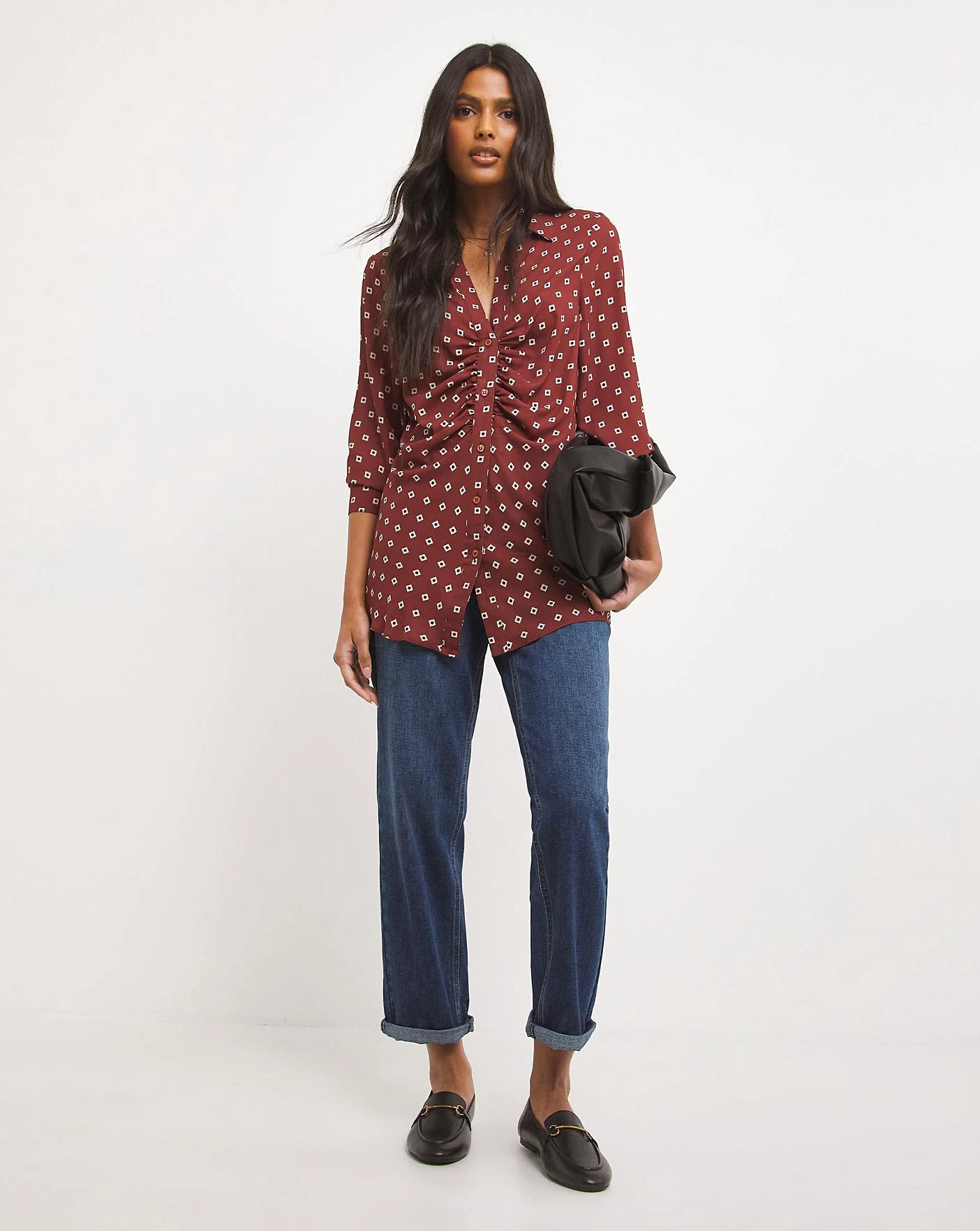 Geo Print Ruched Placket Shirt 4 Geo Print Ruched Placket Shirt - Image 4