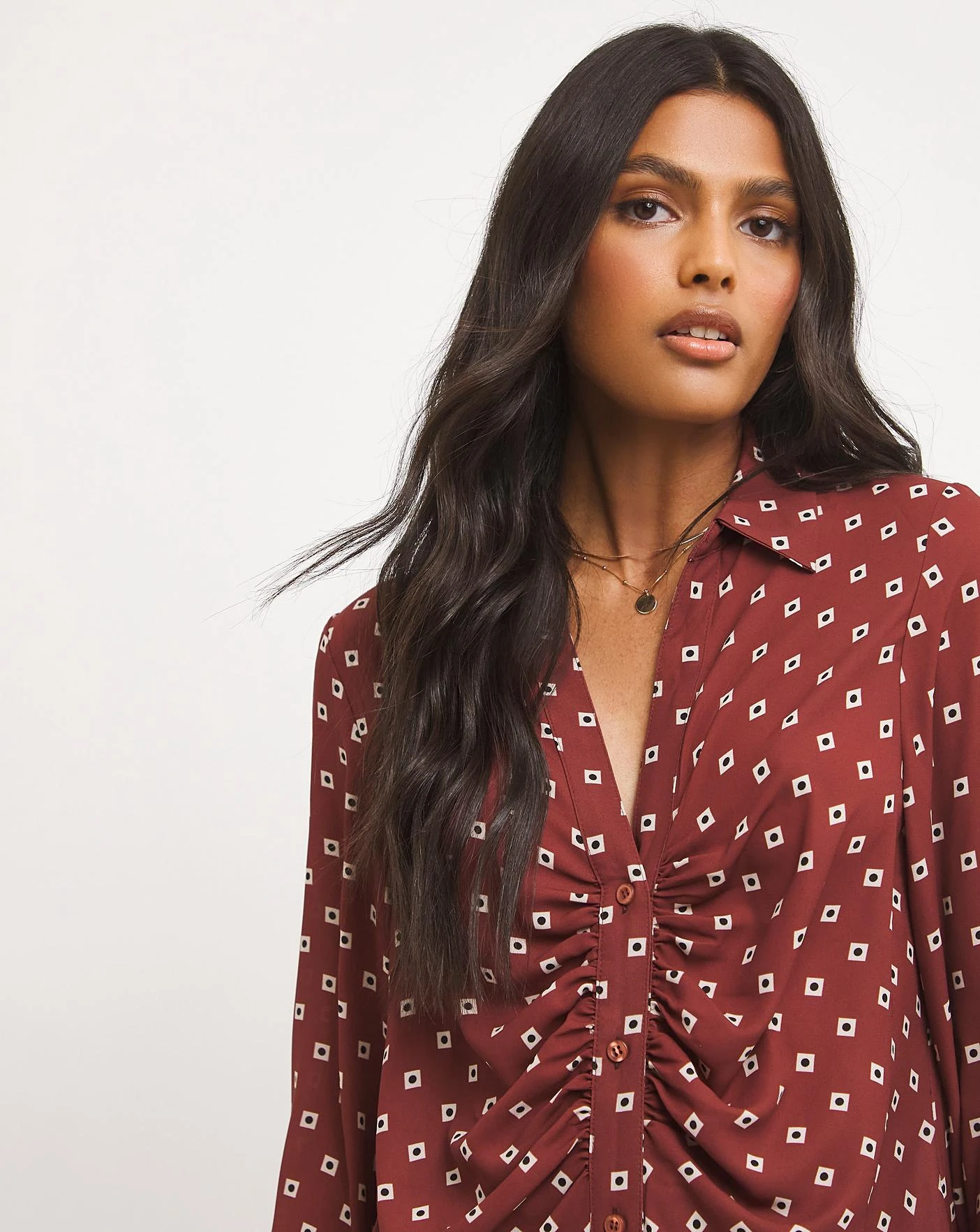 Geo Print Ruched Placket Shirt 2 Geo Print Ruched Placket Shirt - Image 2