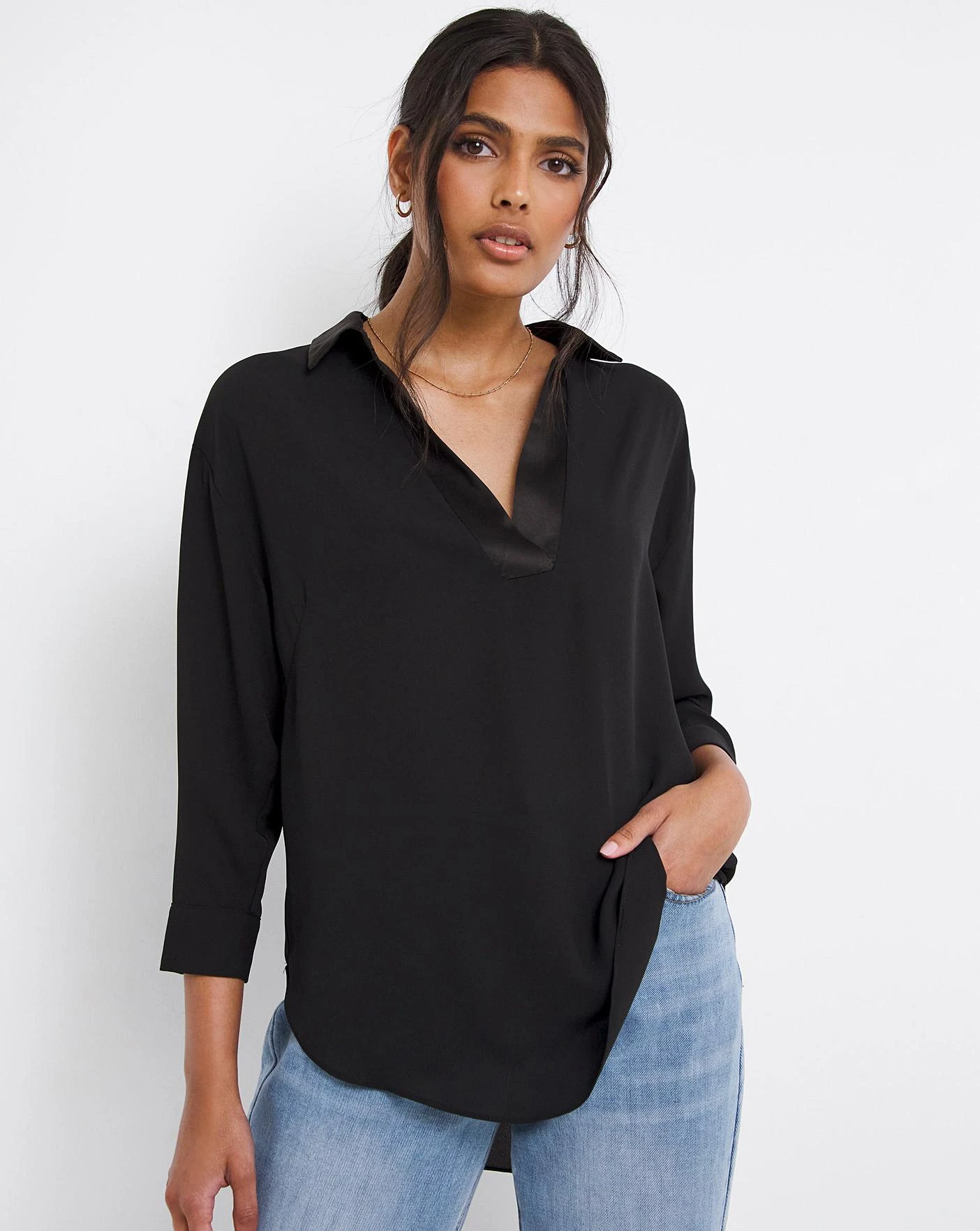 Black Satin Trim Shirt 2 Black Satin Trim Shirt - Image 2