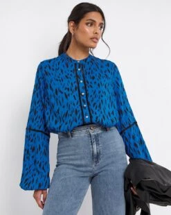 Ladder Trim Collarless Blouse