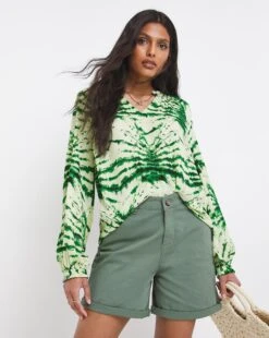 Green Tie Dye Collarless Blouse