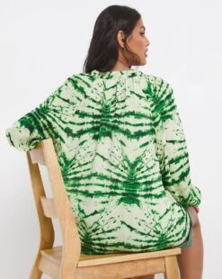 Green Tie Dye Collarless Blouse -JD Williams Shop x01ch930728w