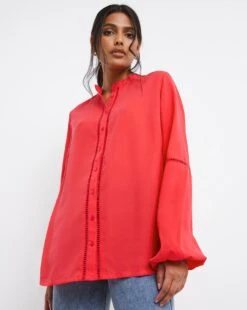 Coral Ladder Trim Collarless Blouse