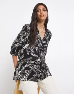 Black Print Drawstring Shirt