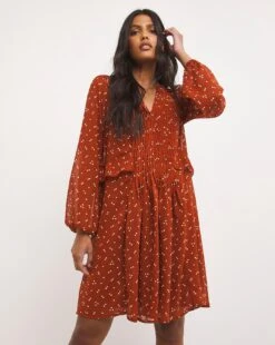 3/4 Sleeve Pintuck Swing Dress