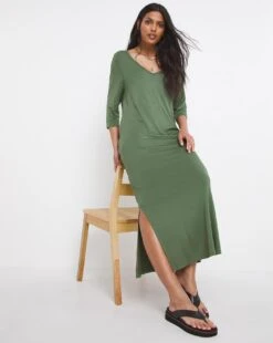 3/4 Sleeve Side Slit Midi T-Shirt Dress