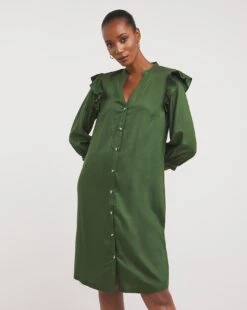 Viscose Twill Frill Shoulder Shirt Dress