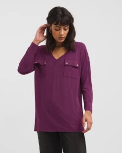 Utility Pocket Long Sleeve Mulberry Top -JD Williams Shop x01fz528727w
