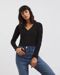 Ruched Shoulder Black Long Sleeve Top