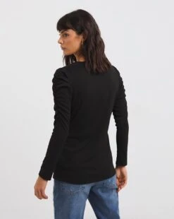 Ruched Shoulder Black Long Sleeve Top -JD Williams Shop x01fz685728w