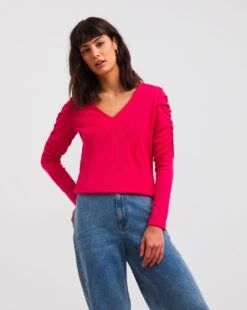 Ruched Shoulder Cerise Long Sleeve Top