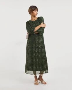 Puff Sleeve Tie Neck Lurex Dobby Dress