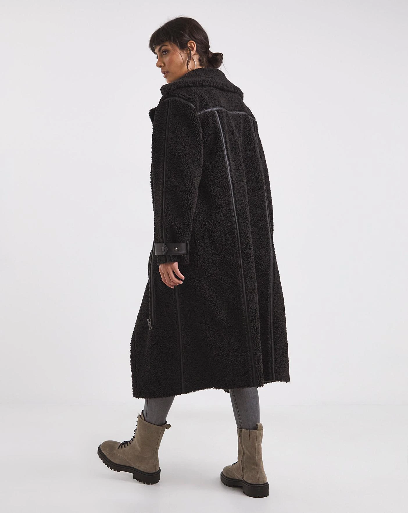 Black Longline PU Trim Teddy Coat 4 Black Longline PU Trim Teddy Coat - Image 4