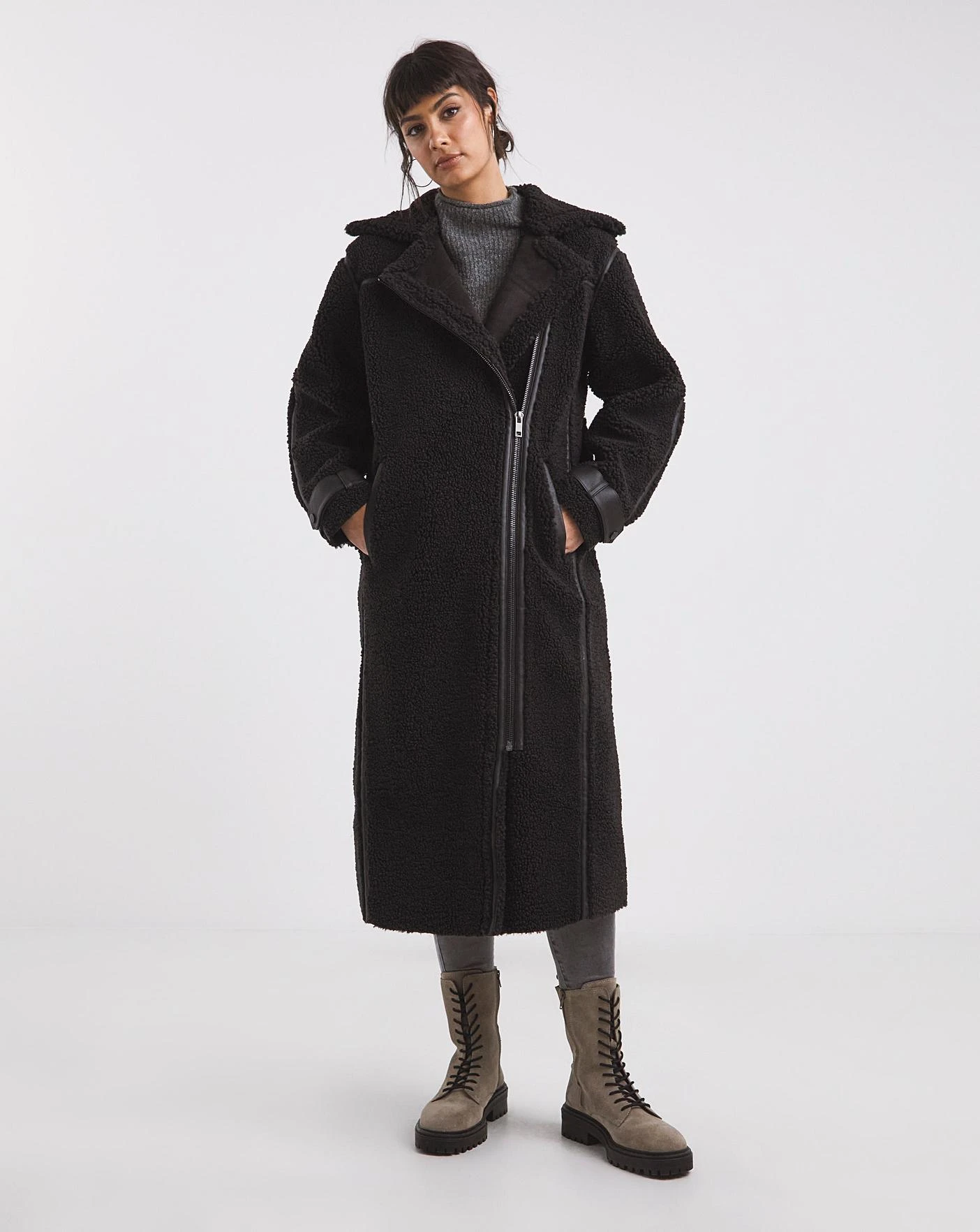 Black Longline PU Trim Teddy Coat 2 Black Longline PU Trim Teddy Coat - Image 2