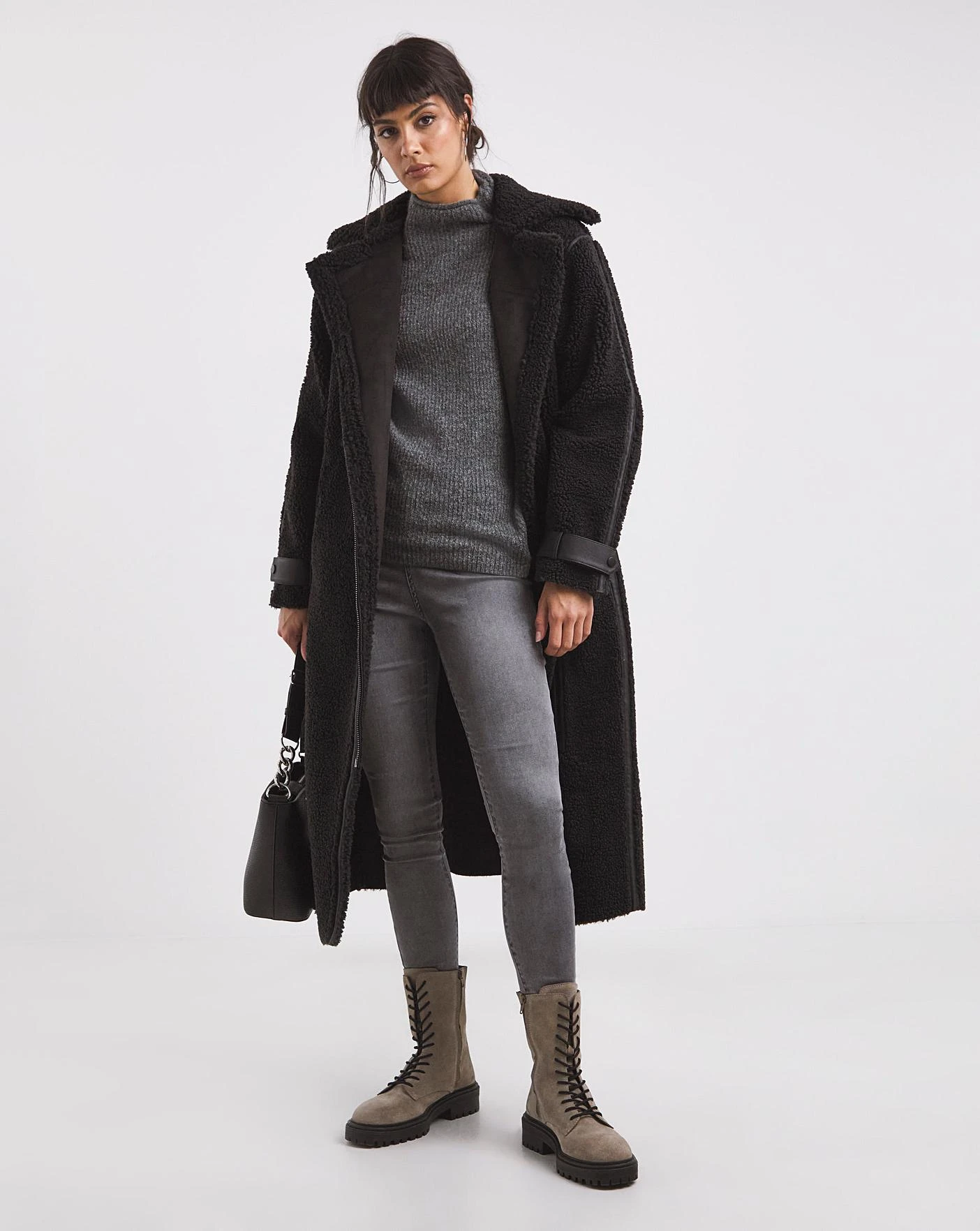 Black Longline PU Trim Teddy Coat 1 Black Longline PU Trim Teddy Coat