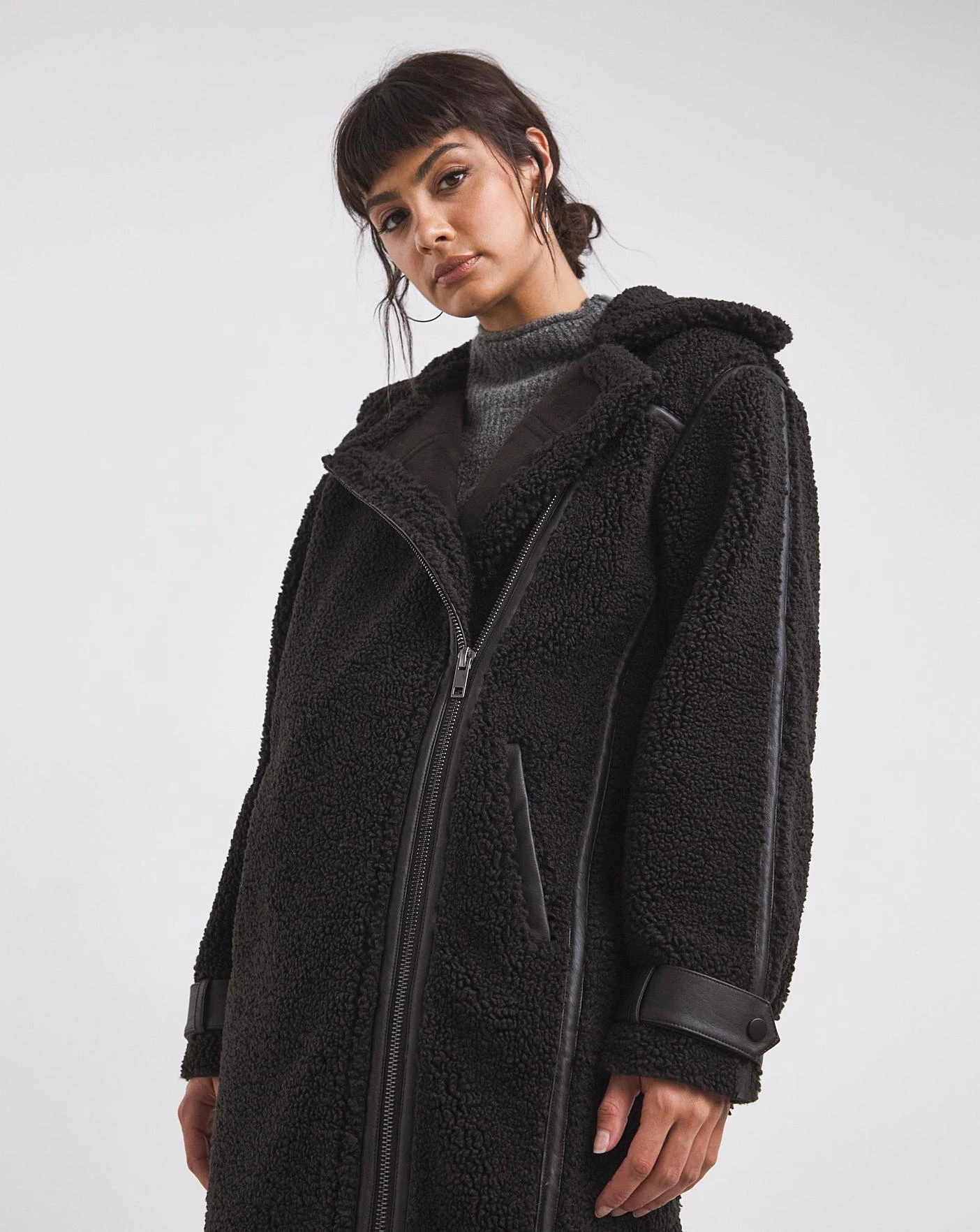 Black Longline PU Trim Teddy Coat 3 Black Longline PU Trim Teddy Coat - Image 3