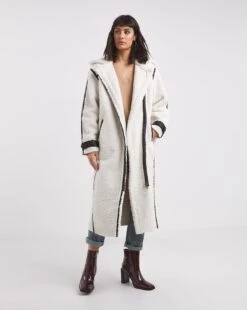 Cream Longline PU Trim Teddy Coat