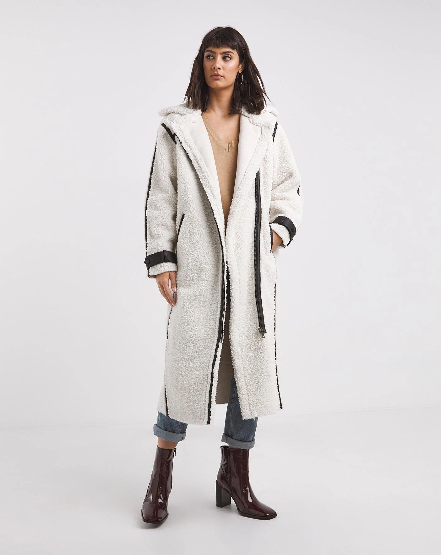 Cream Longline PU Trim Teddy Coat 1 Cream Longline PU Trim Teddy Coat