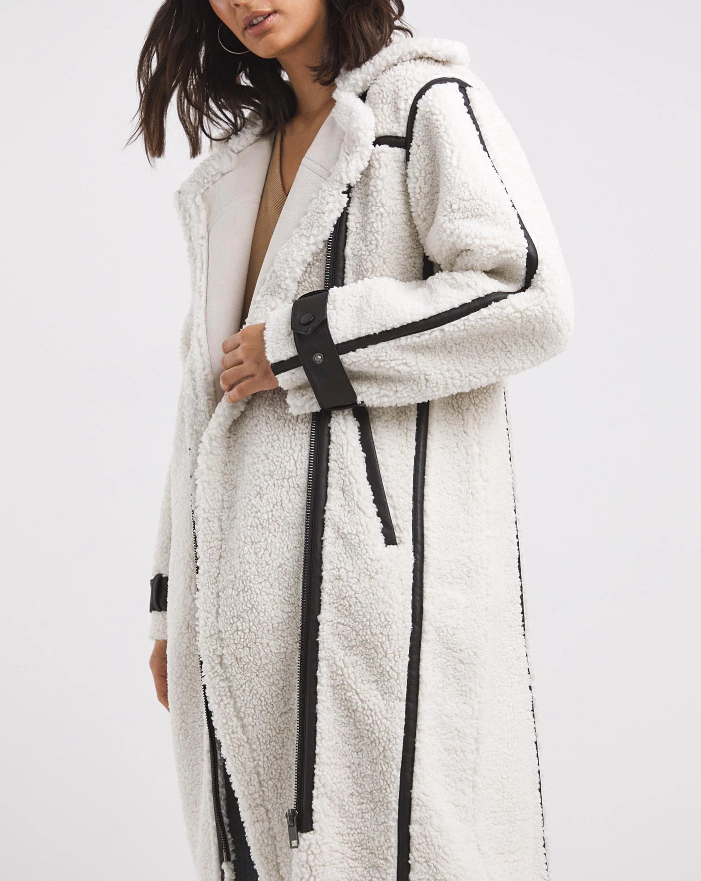 Cream Longline PU Trim Teddy Coat 2 Cream Longline PU Trim Teddy Coat - Image 2