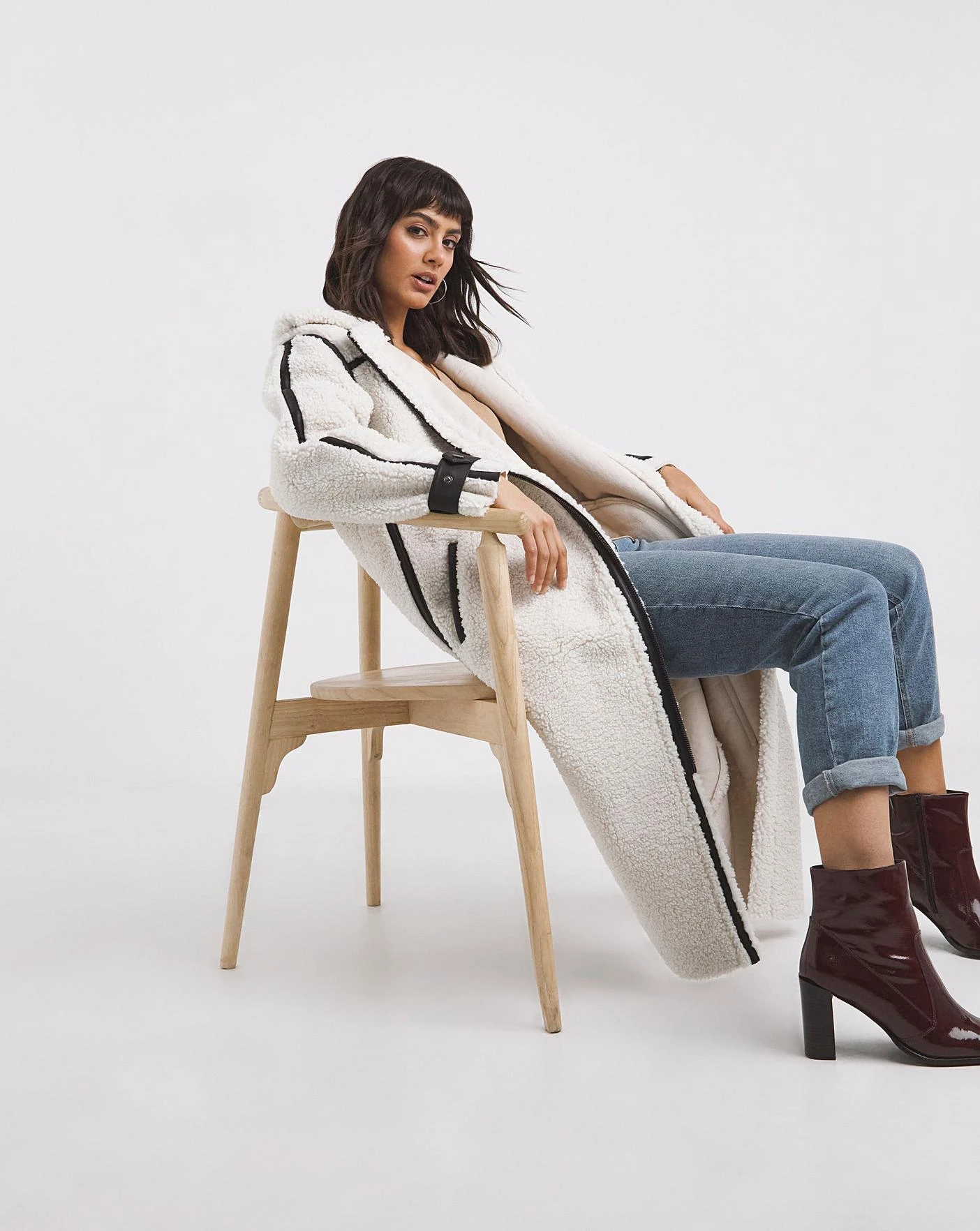 Cream Longline PU Trim Teddy Coat 3 Cream Longline PU Trim Teddy Coat - Image 3