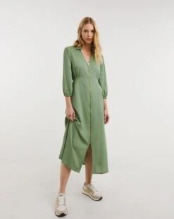Zip Front Shirt Dress With Open Neck