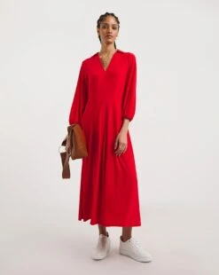 Waisted Dress With Open Neck & Collar