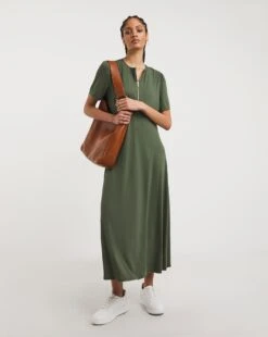 Jersey Midi Swing Dress With Zip Front
