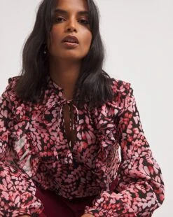 Pink Print Frill Trim Tie Neck Blouse -JD Williams Shop x01tu099708w