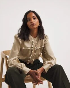 Textured Satin Frill Yoke Blouse