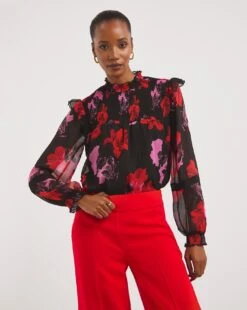 Shirred Yoke Top With Lace Insert