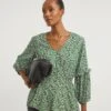 Green Floral V Neck Shirred Waist Top