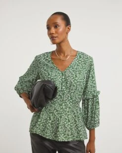 Green Floral V Neck Shirred Waist Top
