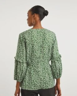 Green Floral V Neck Shirred Waist Top -JD Williams Shop x01tu394794w