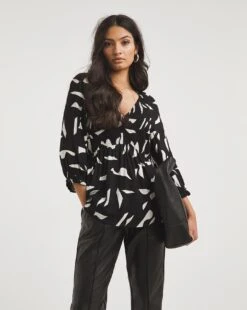 Shirred Bodice V Neck Top