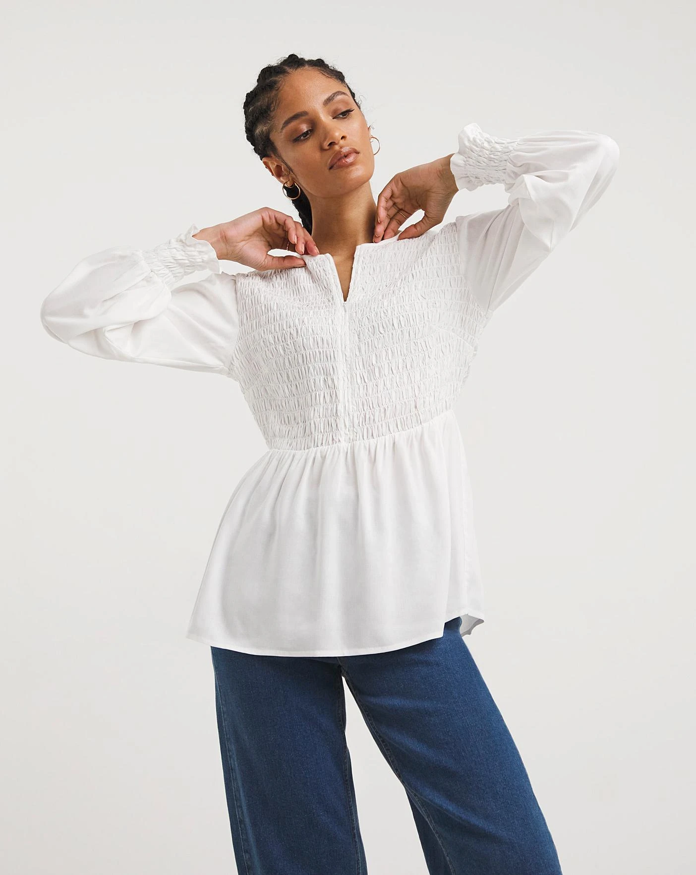 Shirred Bodice Zip Front Top 1 Shirred Bodice Zip Front Top