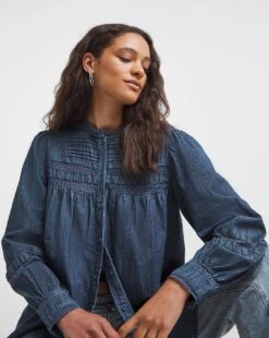 Mid Blue Lace Insert Denim Blouse -JD Williams Shop x01uy424732w