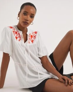 Embroidered Yoke Puff Sleeve Top