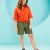 Khaki Linen Mix Knee Length Shorts