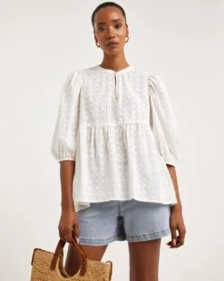 Dipped Back Broderie Smock Top