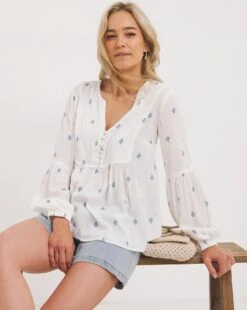 Blue Print Crinkle Smock Top